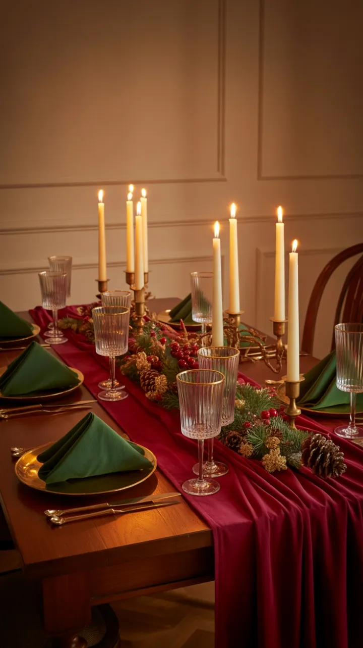 Burgundy Velvet Holiday Table Bathed in Golden Candlelight