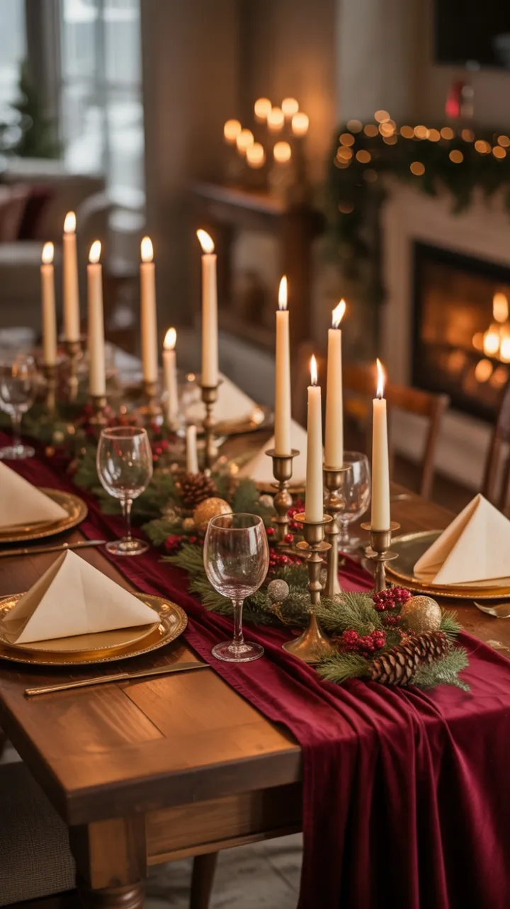 Burgundy Velvet and Candlelight on a Rustic Christmas Table