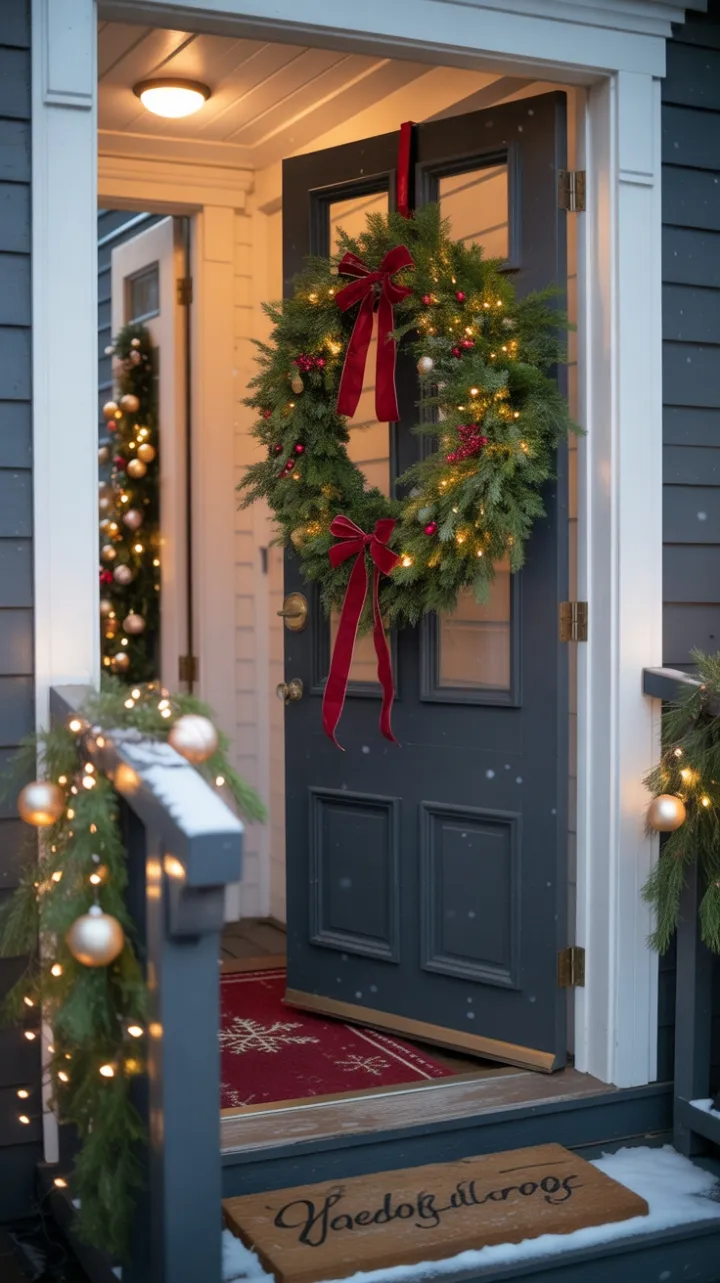 Snow-Kissed Welcome with Velvet Bows and Golden Garland