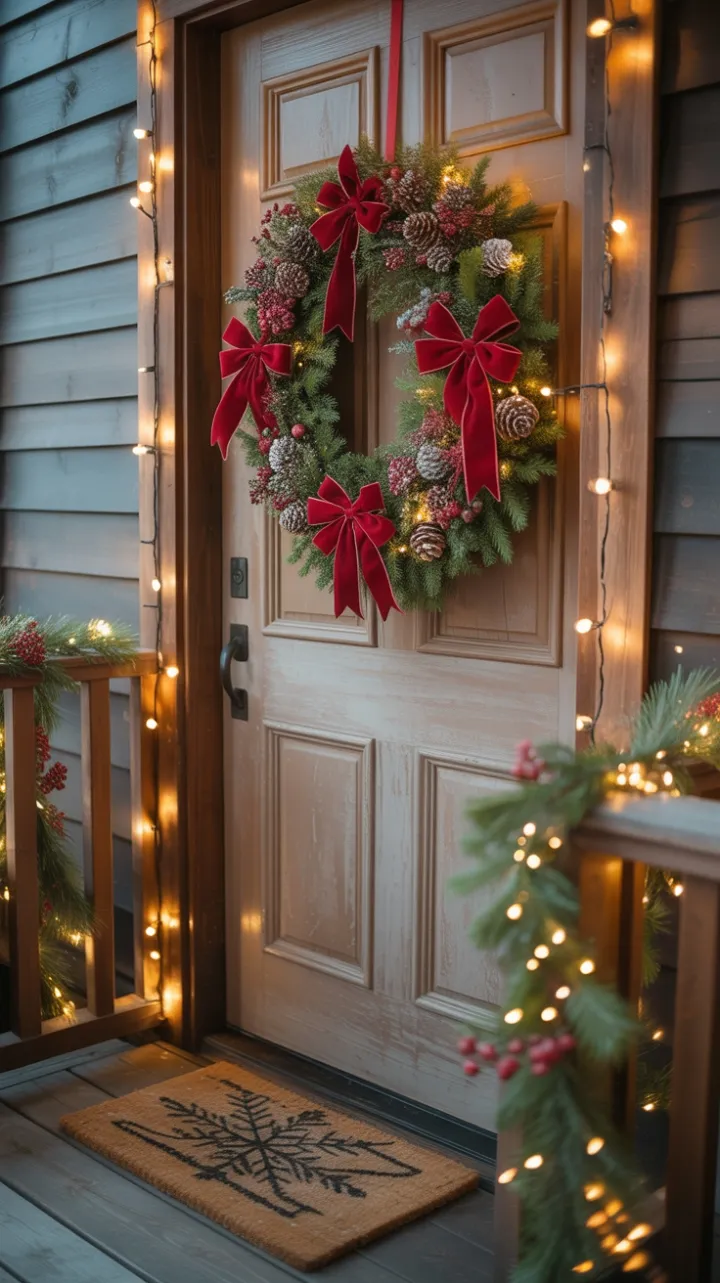 A Rustic Door Dressed in Velvet Bows and Twinkling Evergreens