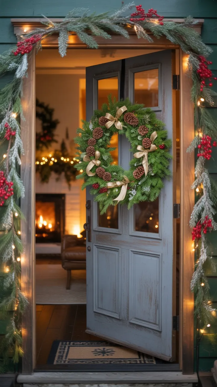 Evergreen Glow A Rustic Doorway Dressed in Gold Berries and Fireside Light