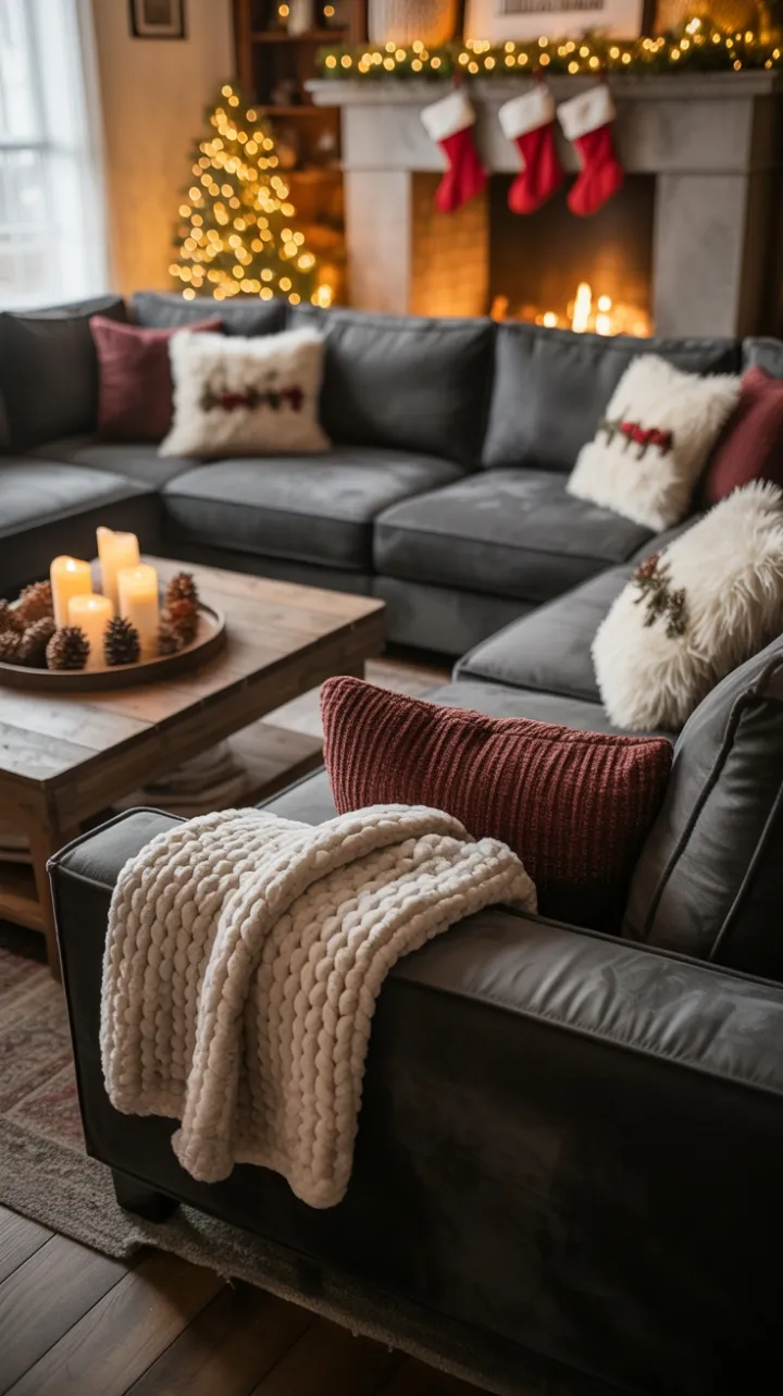 Hearthside Haven Cozy Charcoal Living Room Dressed for Holiday Gatherings