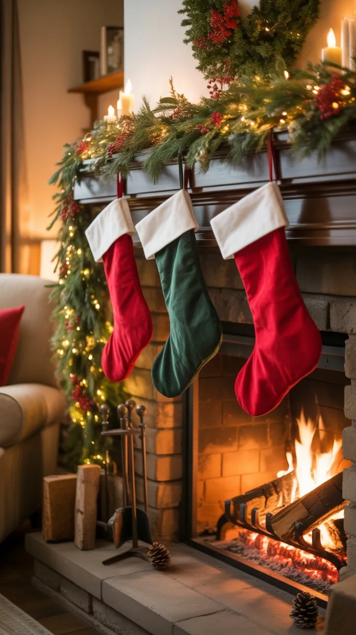 Hearthside Holiday with Velvet Stockings and Pine Garland