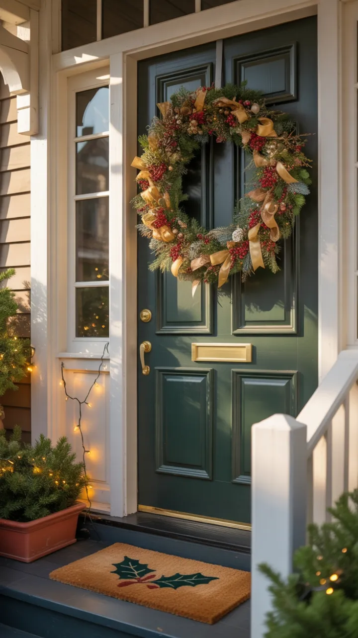 Gilded Holiday Welcome on a Sunlit Porch