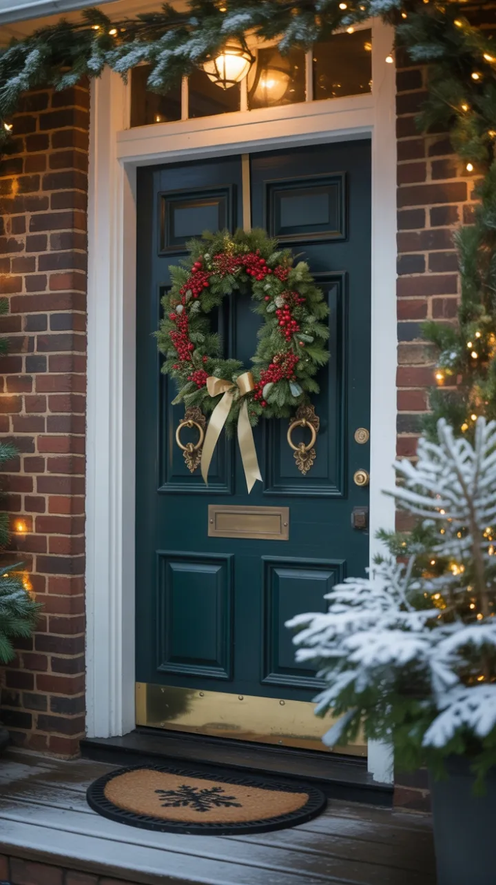 Teal Door Draped in Evergreen and Gold