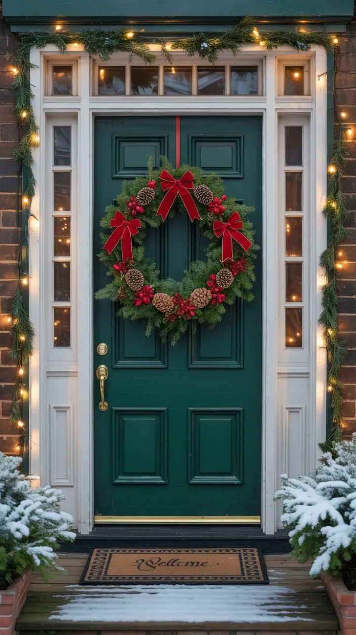 Victorian Front Door Dressed in an Emerald Wreath and Twinkling Lights