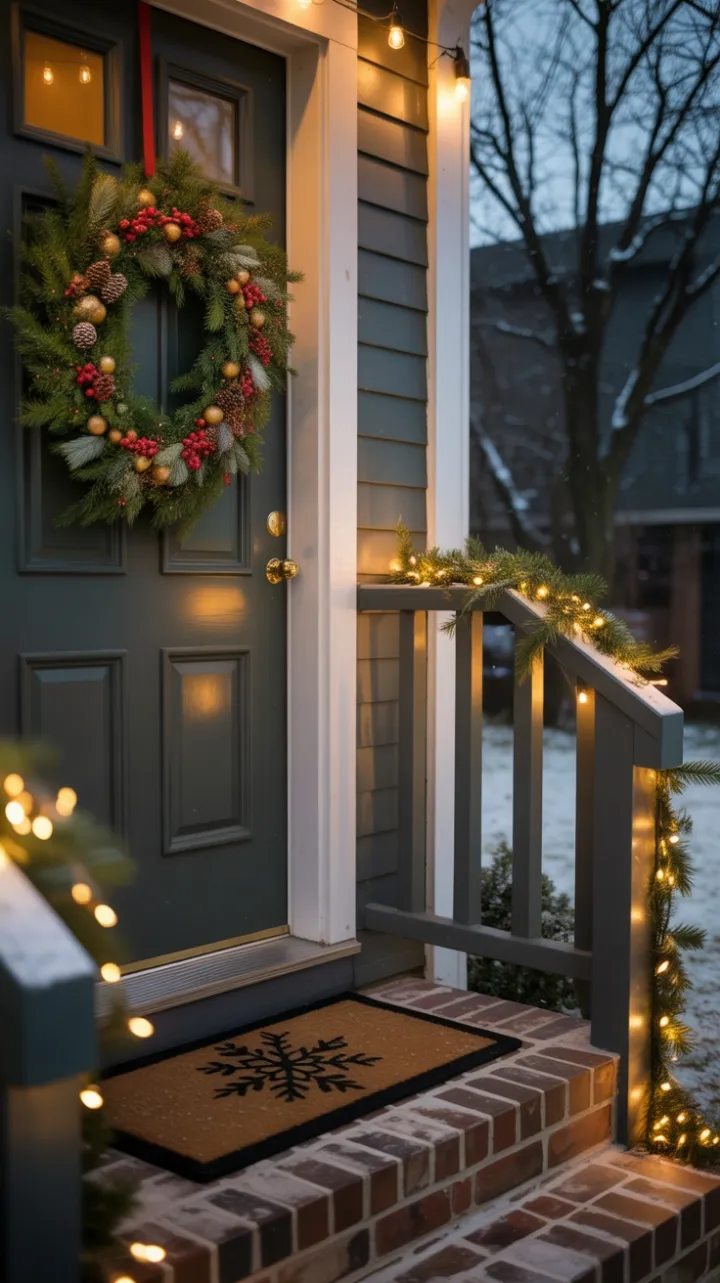 Evergreen Wreath and Golden Lights Welcome the Night