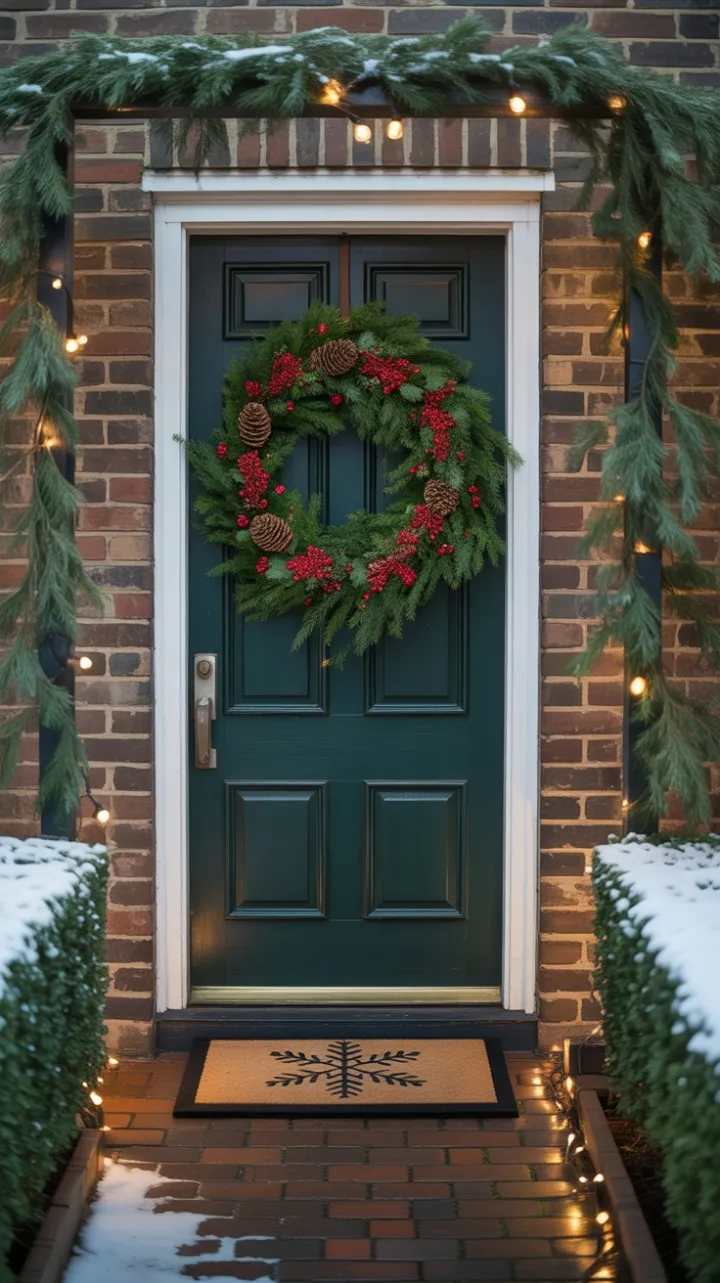 A Warm Holiday Welcome in Evergreens and Gold