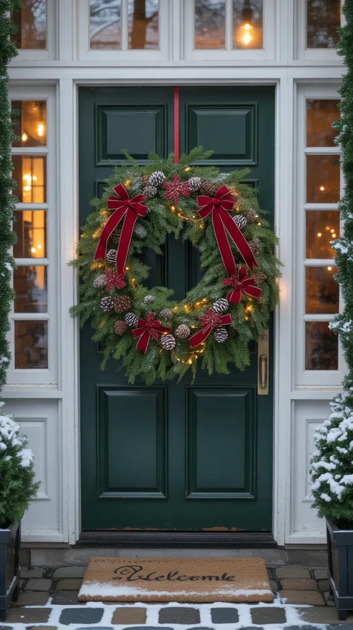 Velvet Bows and Hearthlight at the Snow-Dusted Door