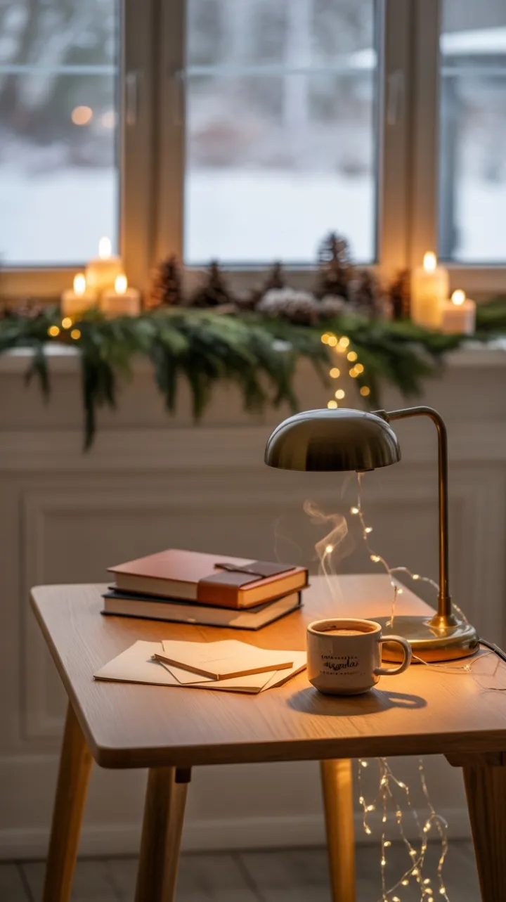 Hearthside Home Office Bathed in Holiday Glow