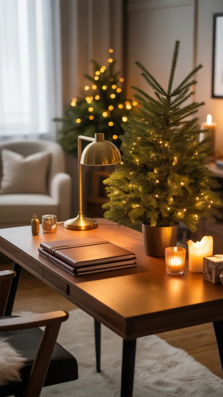 Candlelit Holiday Office Wrapped in Warm Wood and Cozy Cheer