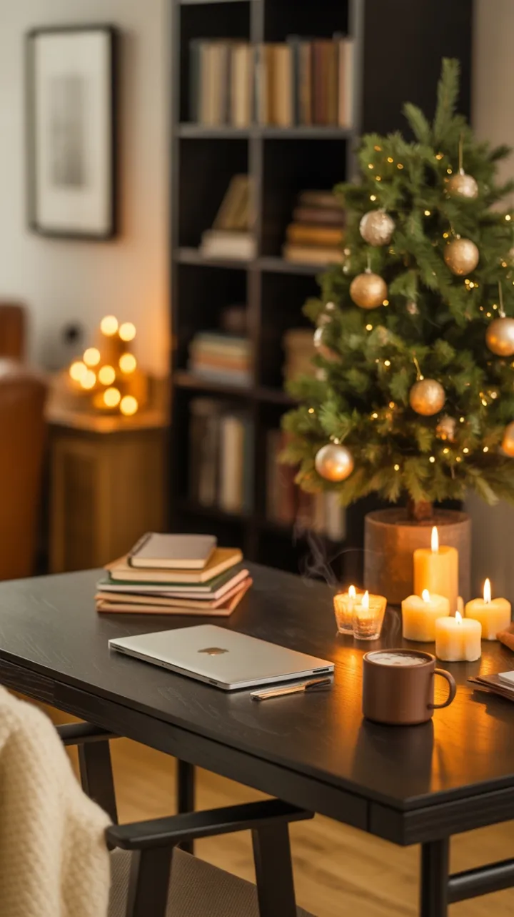 Warm Workday Holiday Desk with Gold Ornaments and Beeswax Glow
