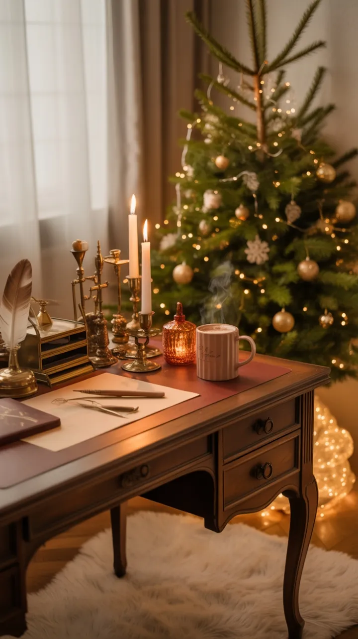 Vintage Desk Dressed for a Cozy Christmas