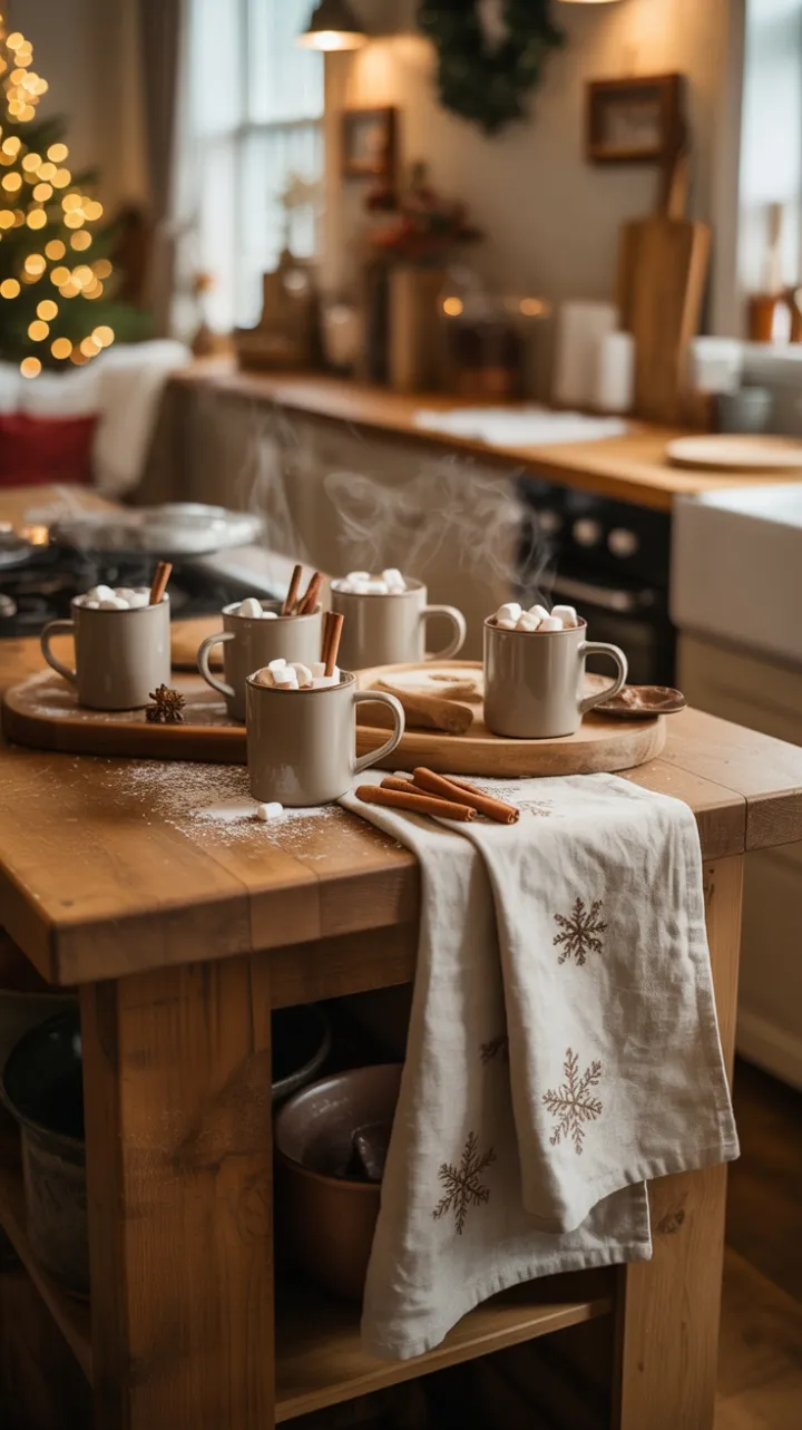Hearthside Cocoa and Linen Snowflakes in a Rustic Christmas Kitchen