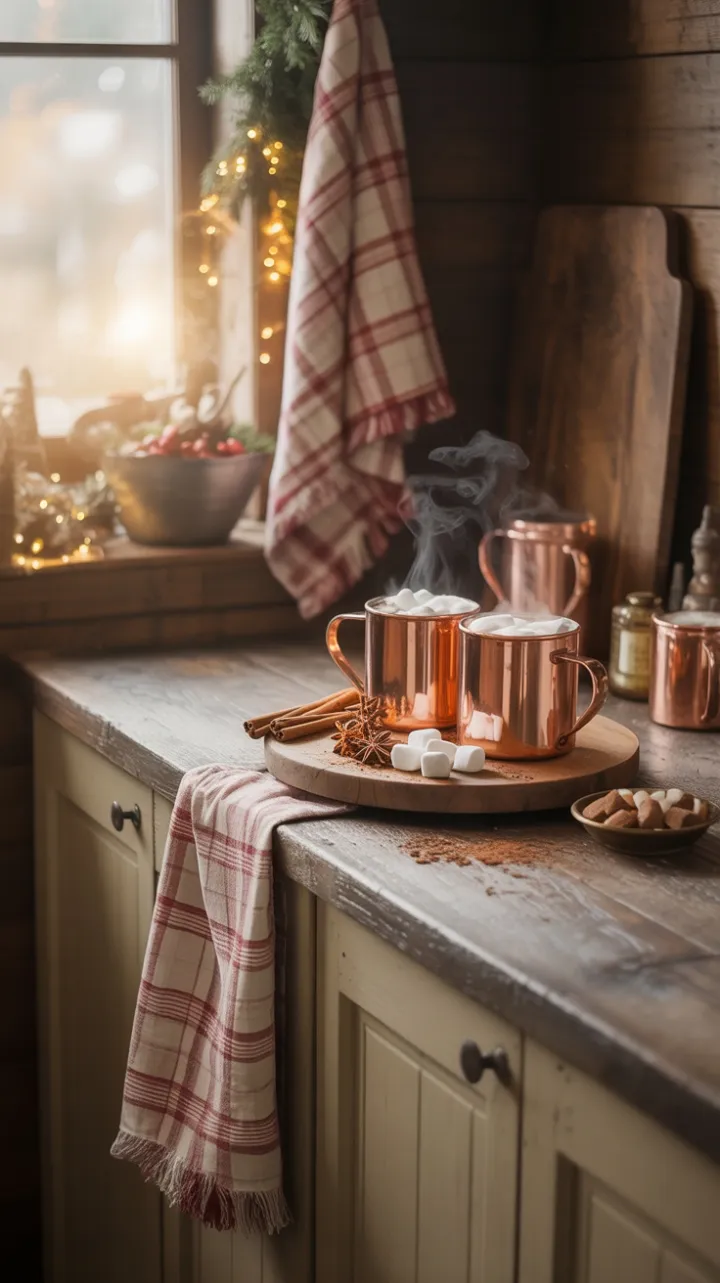 Rustic Holiday Cocoa Corner Bathed in Golden Light