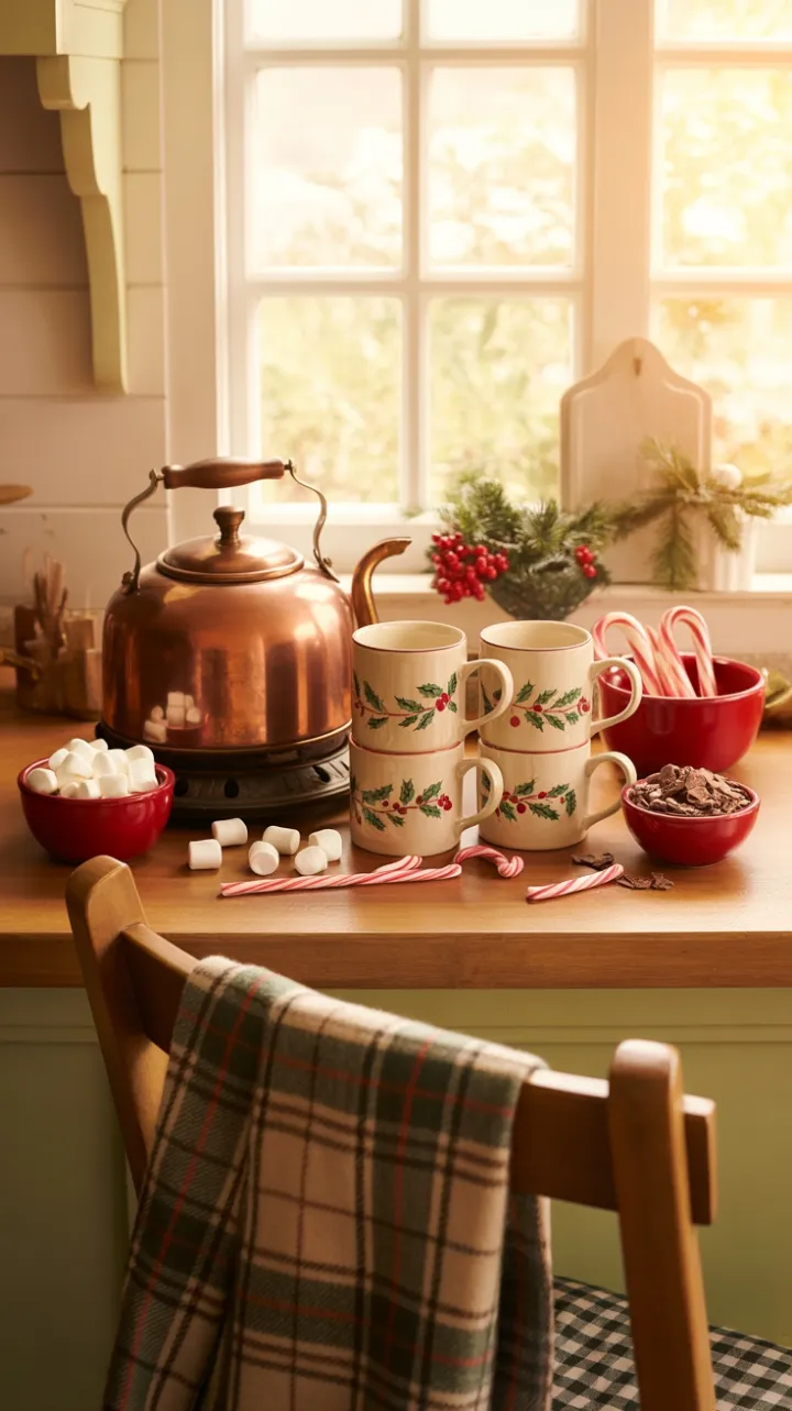 Golden Cocoa Corner with Copper Kettle and Plaid Comfort