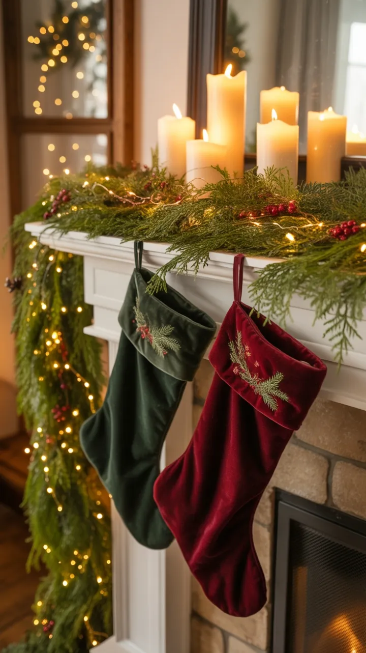 Velvet Stockings and Twinkling Greens on a Cozy Mantel