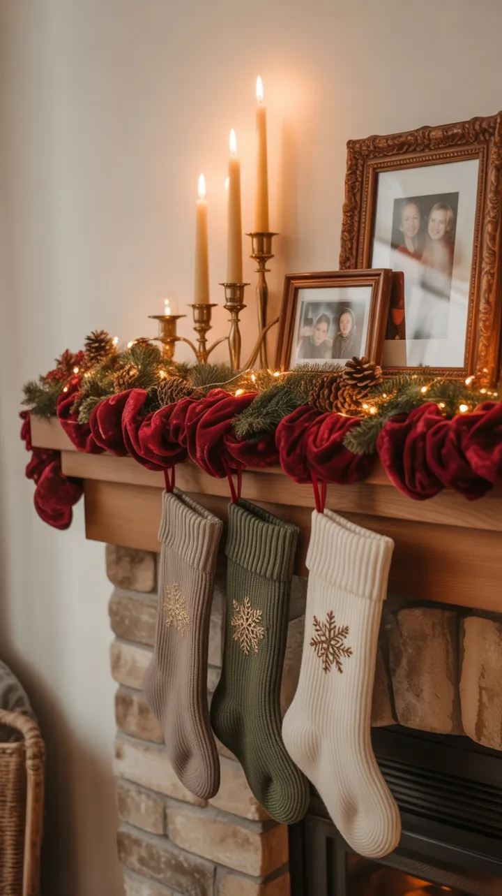 Heirloom Hearth with Velvet Garland and Brass Candles