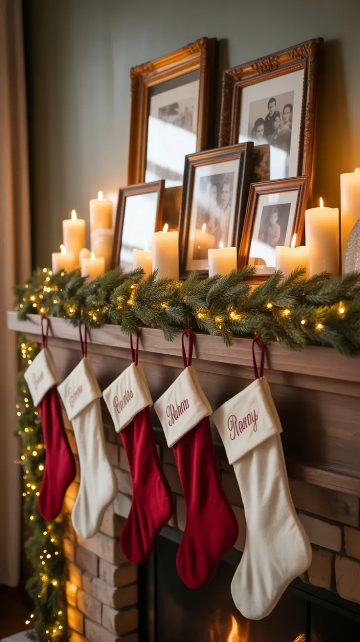 Velvet Stockings and Candlelit Memories on a Rustic Christmas Mantel