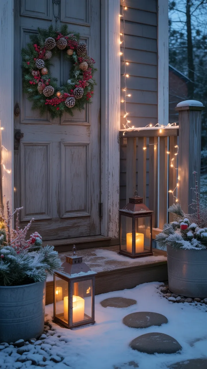 Snow-Kissed Porch With Lantern Glow
