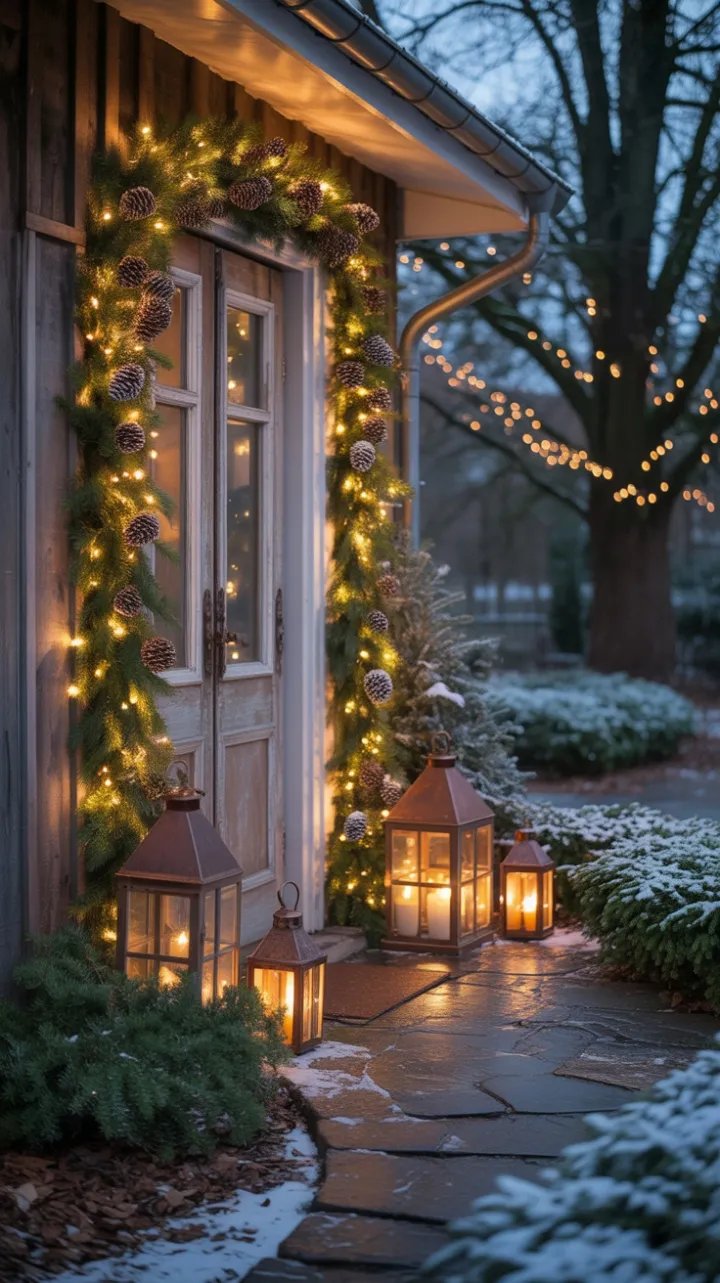 Garlanded Welcome with Lanterns Pinecones and Dusk Glow