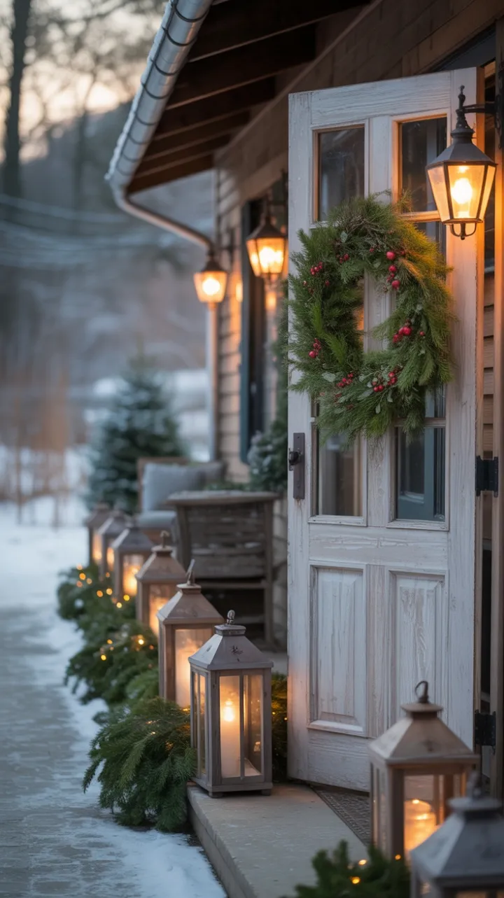 Evergreen Welcome: Lanterns, Snow, and a Weathered Door