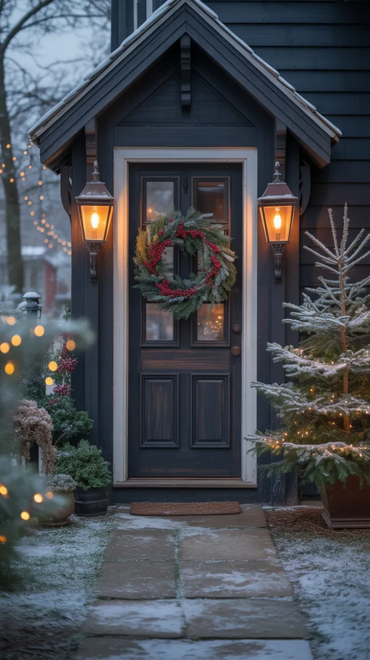 Lantern Glow and Wreaths on a Snow-Dusted Porch