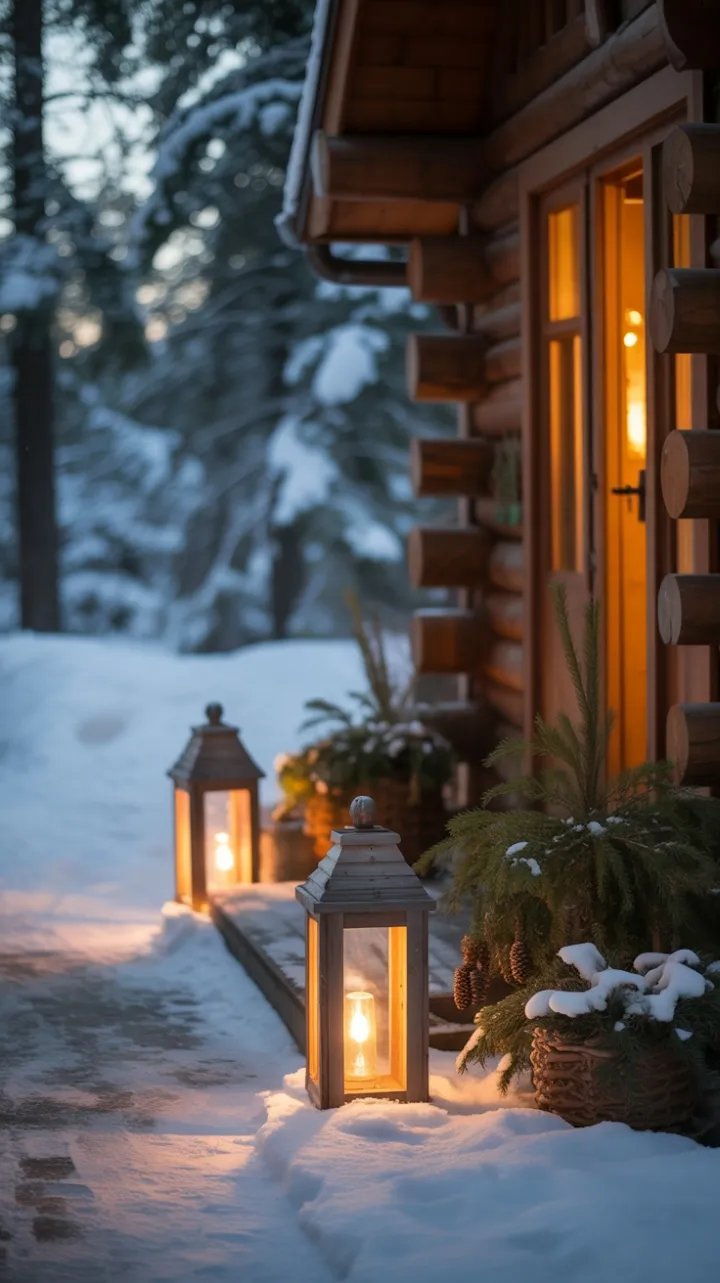 Lantern-Glow Welcome at the Snowbound Log Cabin