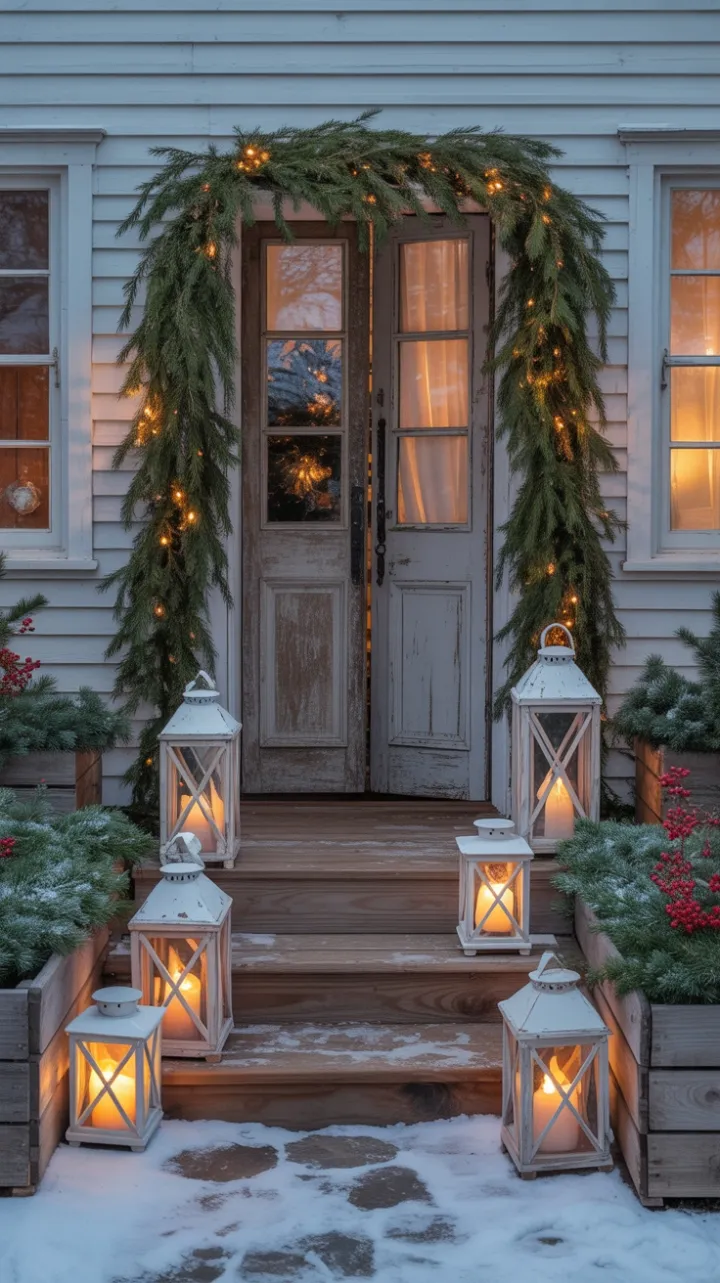 Lantern-Lit Welcome on a Snowy Porch