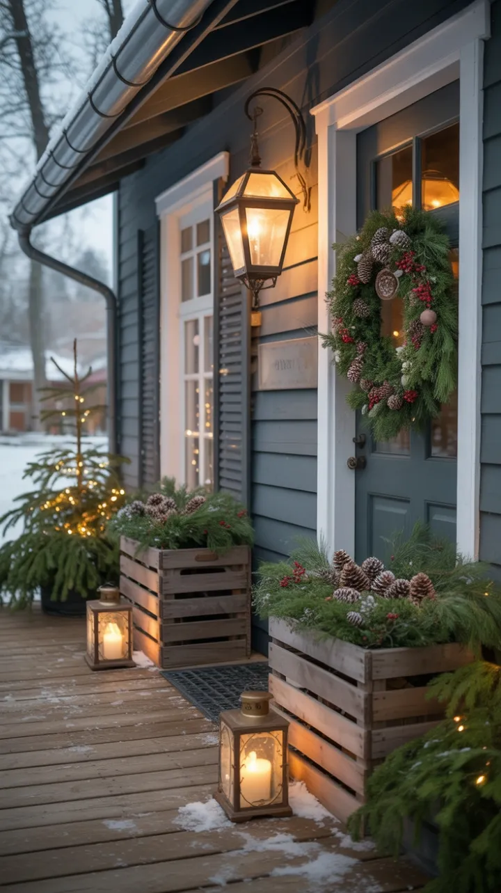 Snow-Kissed Porch with Lantern Glow and Rustic Holiday Charm