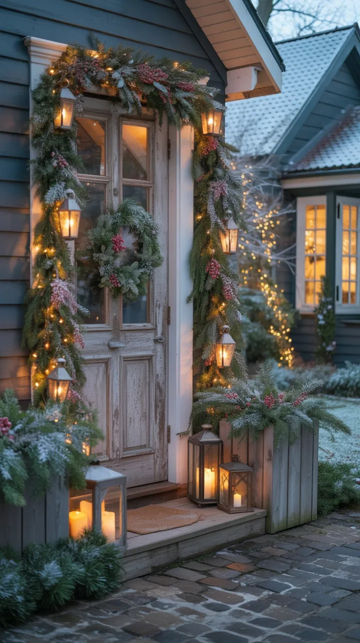 Snow-Dusted Porch with Lantern Glow and Garland Embrace