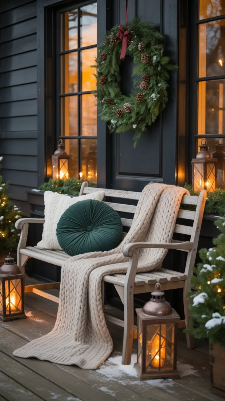 Warmth and Woodland Charm on a Snow-Kissed Porch