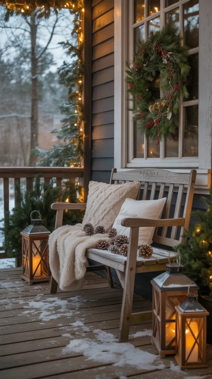 Snow-Kissed Farmhouse Porch Wrapped in Warm Lantern Glow