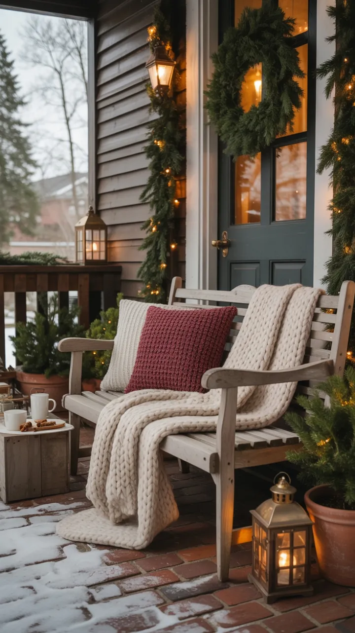 Snow-Kissed Porch with Knitted Throws Lantern Glow and Hot Cocoa