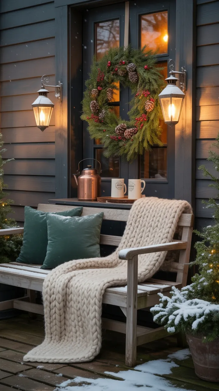 Lantern Light on a Snow-Kissed Holiday Porch