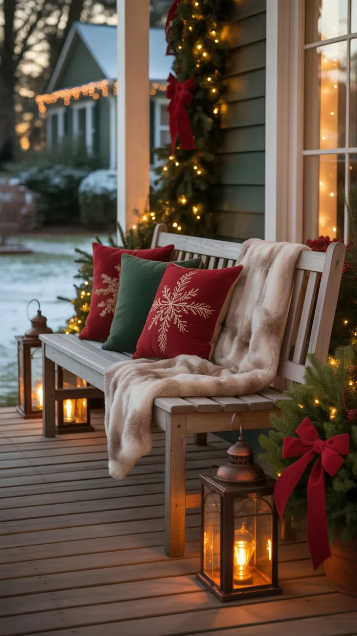 Edison Glow and Velvet Bows on a Snow-Kissed Porch