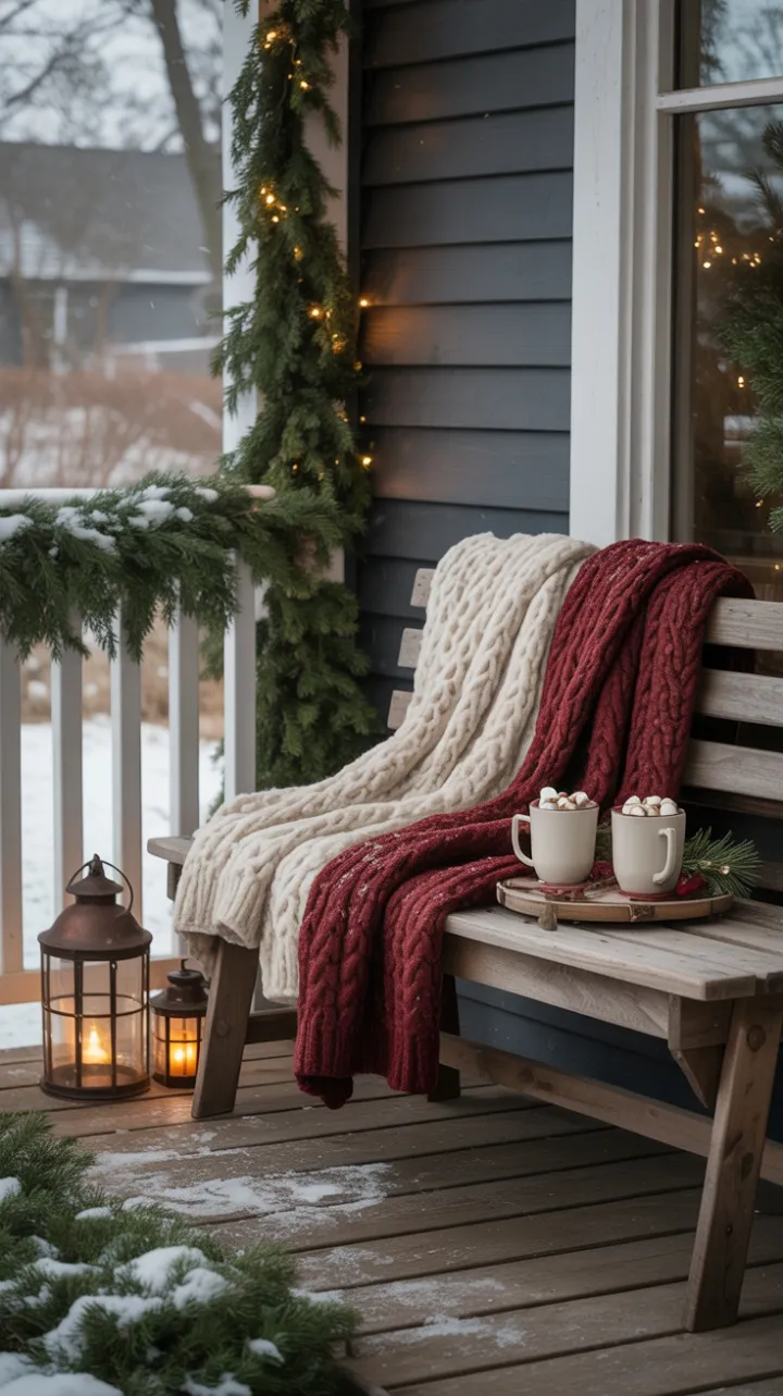 Snow-Kissed Porch with Lantern Glow and Knitted Throws