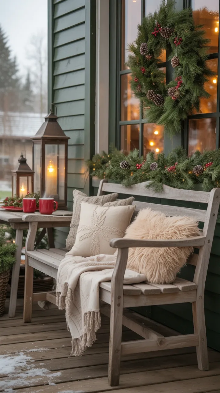 Snow-Kissed Porch Radiating Rustic Holiday Warmth