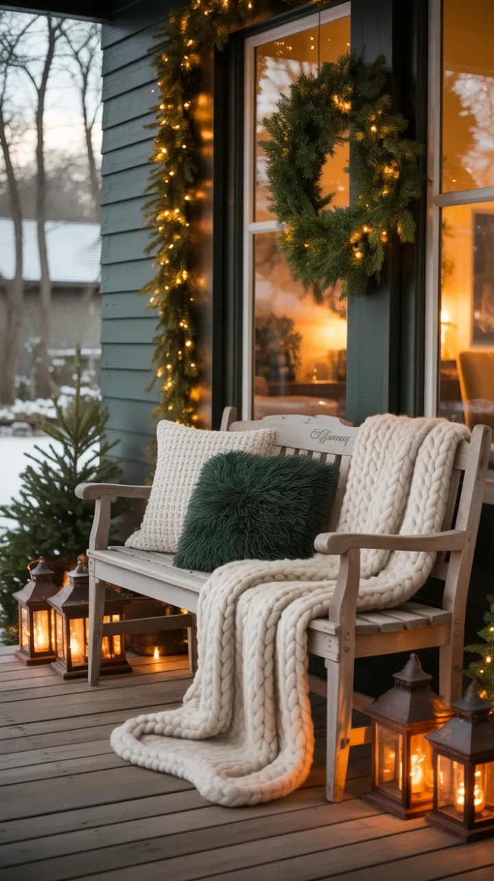 Lantern Glow and Knit Throws on a Rustic Christmas Porch
