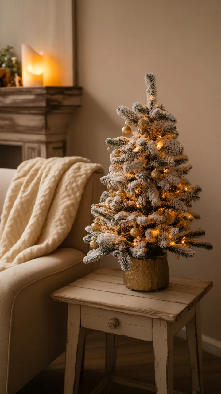 Candlelit Comfort: Flocked Mini Tree and Plush Textures in a Cozy Corner