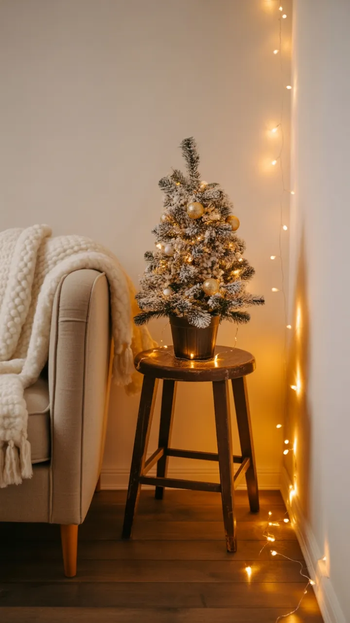 Mini Flocked Tree on a Vintage Stool Bathed in Golden Glow