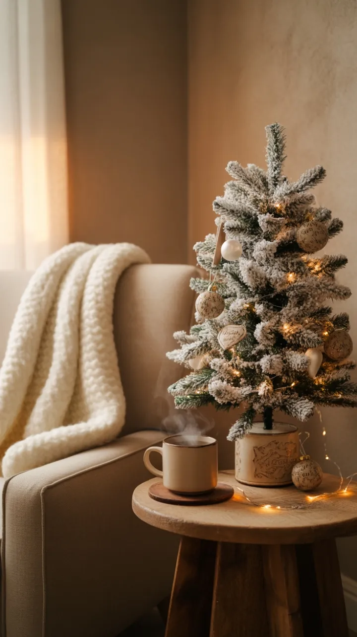 Flocked Mini Tree and Cozy Throws in a Warm Holiday Nook