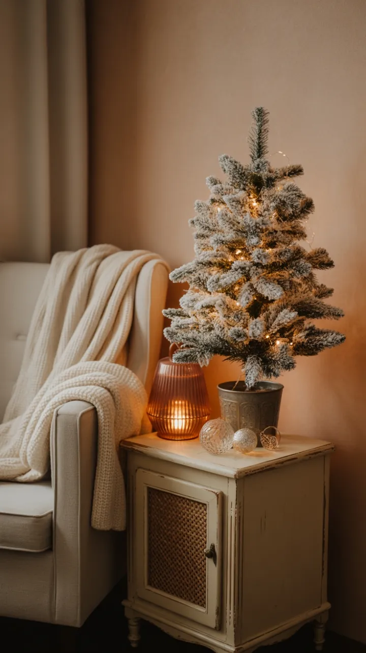 Mini Flocked Tree and Copper Glow in a Cozy Holiday Corner