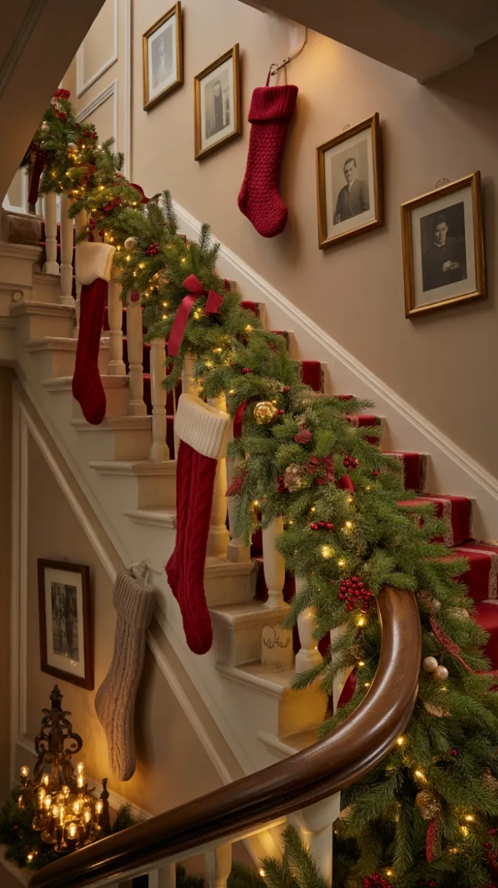Grand Staircase Dressed in Timeless Holiday Glamour