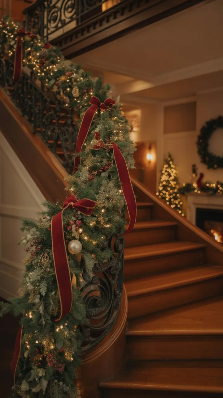 Velvet Ribbon and Twinkling Lights Transform a Grand Staircase