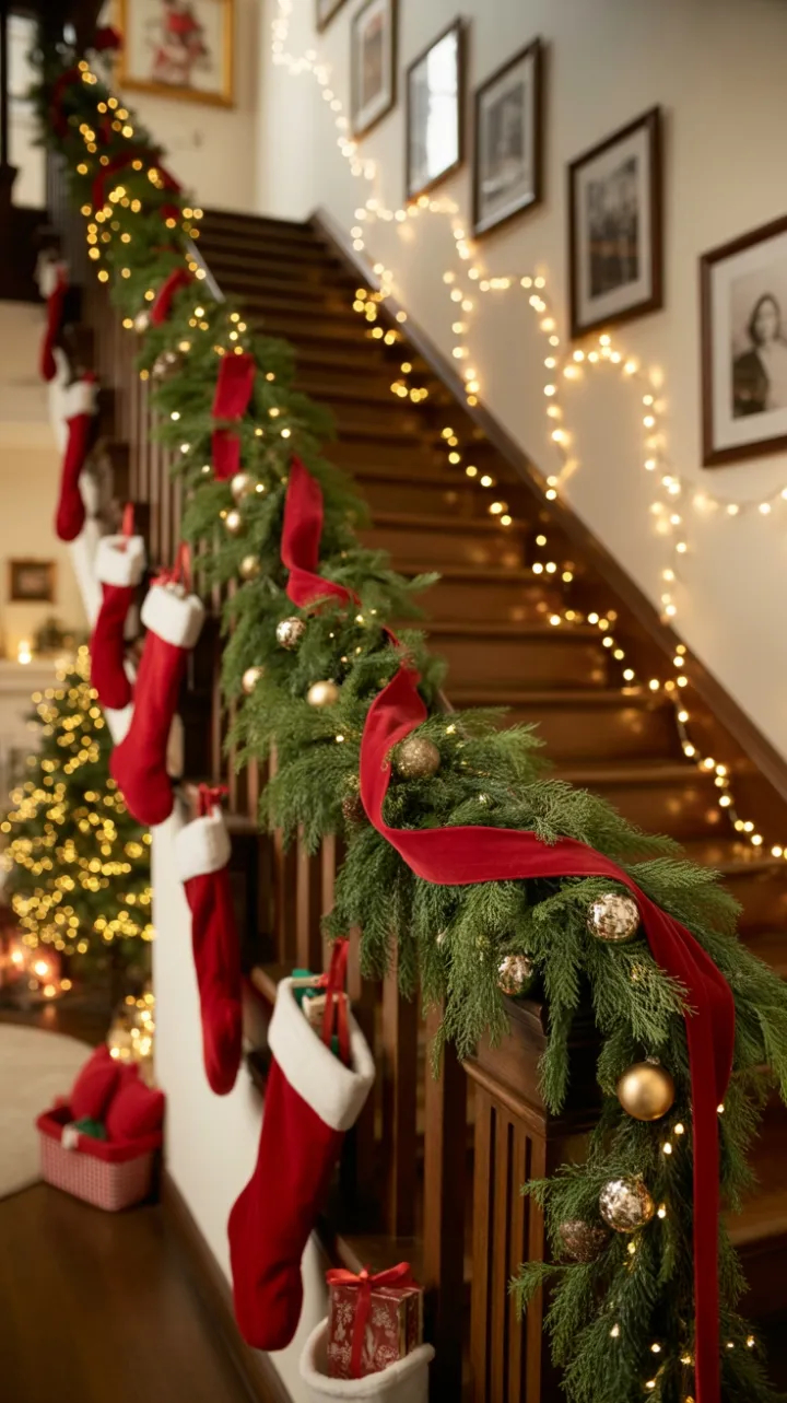 Garlanded Staircase Wrapped in Velvet and Light