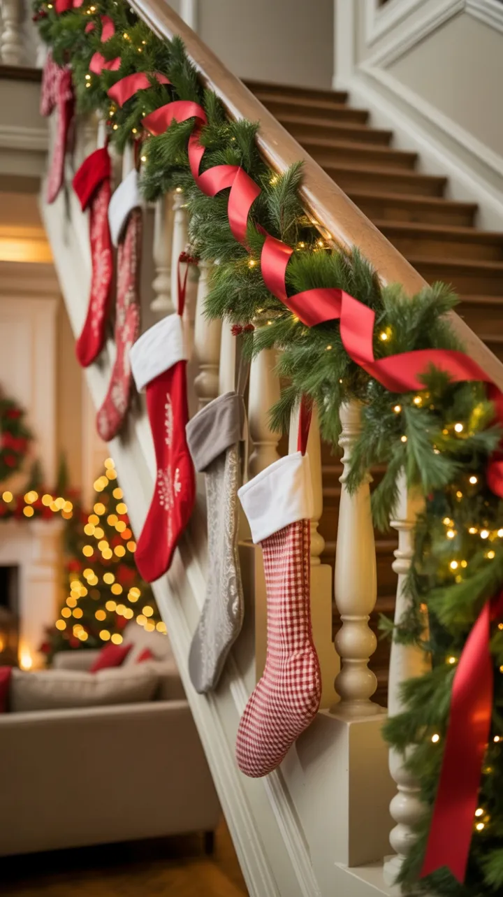 Garlanded Grand Staircase Bathed in Holiday Glow