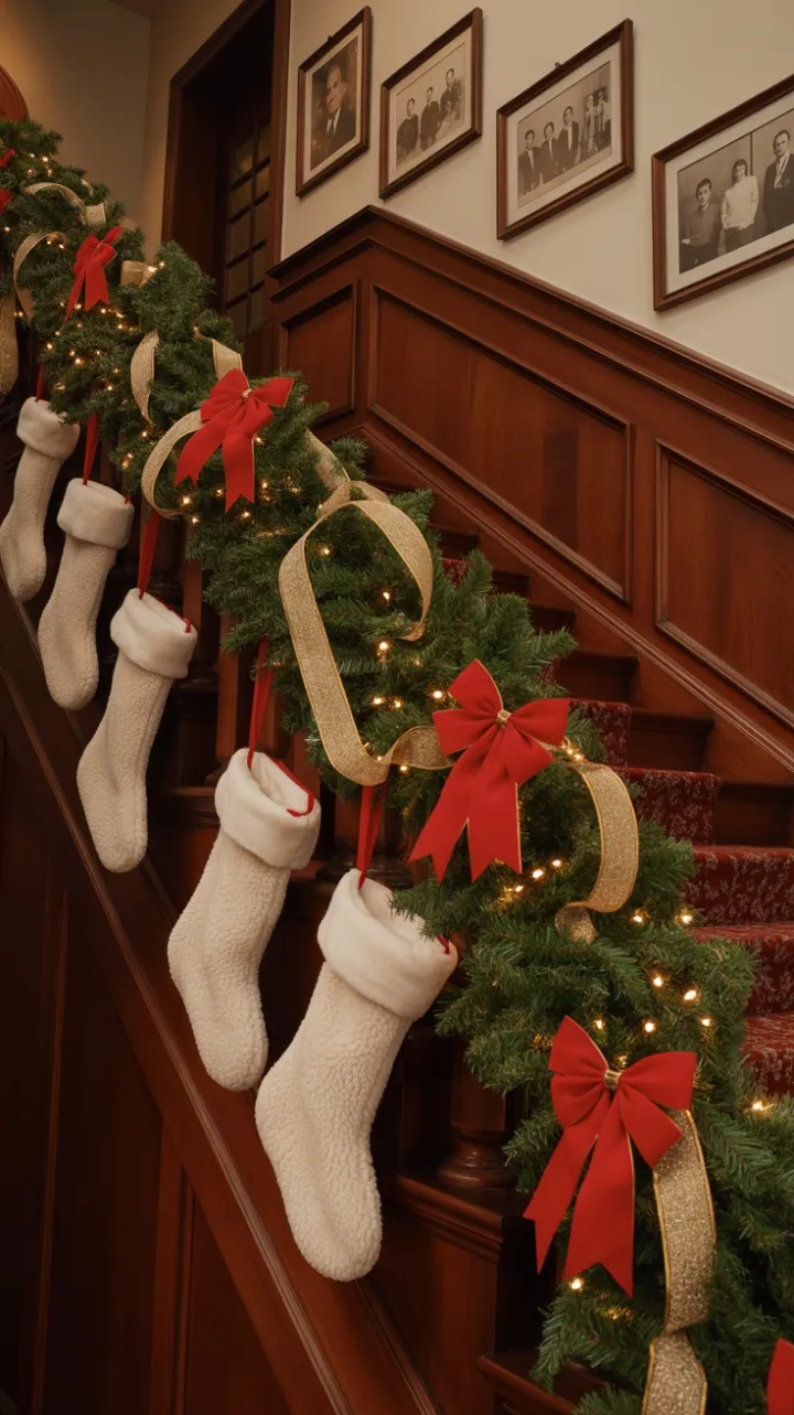 Mahogany Staircase Draped in Emerald Garland and Golden Light