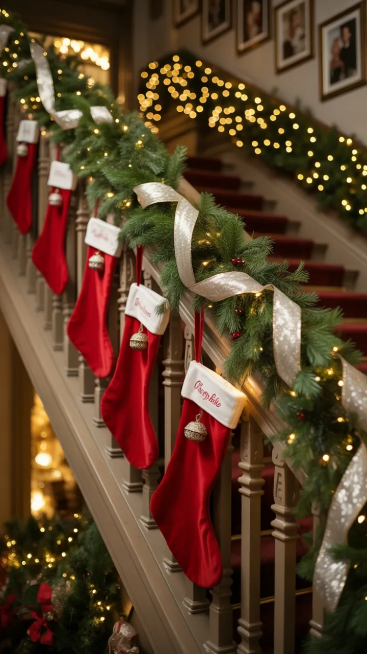 Twinkling Garland and Velvet Stockings on a Grand Holiday Staircase