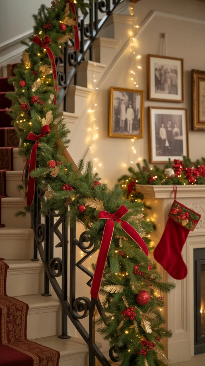 Heirloom Holiday Staircase Draped in Velvet, Garland and Gold